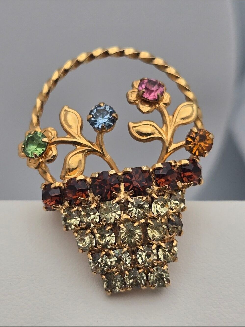 Vintage Rhinestone Flower Basket Brooch Gold Tone Multi Color Pin 1.5”